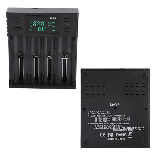 LiitoKala Lii S4 DC 5V2A Smart Batterioplader Fire Slot med Power Display