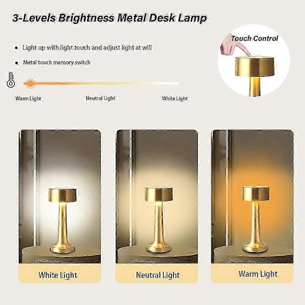 Bærbar LED Bordlampe, 3 Lysstyrkenivåer Metall Skrivebordslampe, 3 Farge Berøringskontroll Oppladbar Lampe, Nattlys, Sengelampe (Gull)_SZXM