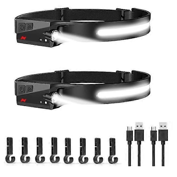 2 kpl LED-otsalamppu, jossa on tunnistin, tehokas otsavalaisin COB XPE 5 tilaa USB ladattava vedenpitävä juoksuvalo, retkeily, lukeminen, vaellus, pyöräily,