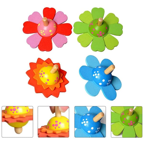 4 st färgglada blomster-snurror för barn, nyhet i trä, present till barn