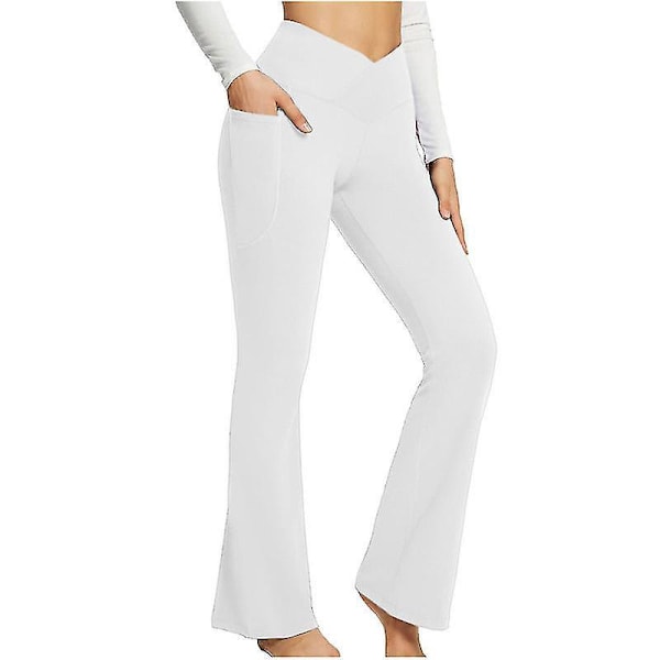 Hög midja Bootcut Yoga byxor med fickor för kvinnor - Tummy Control Workout Leggings M Vit