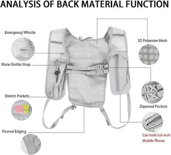 Universal, breathable, ultralight, adjustable running vest backpack with phone pocket; unisex.
