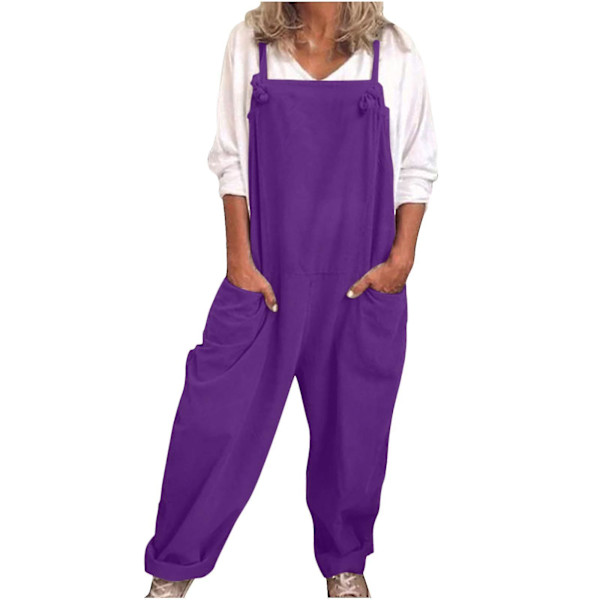 Løse afslappede overalls til kvinder - Bomuld og hør jumpsuit XL lilla
