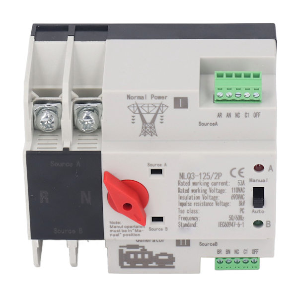 2P Dubbel Automatisk Transfer Switch Generator Transfer Omkopplingsbrytare AC110V 50Hz 60Hz 63A