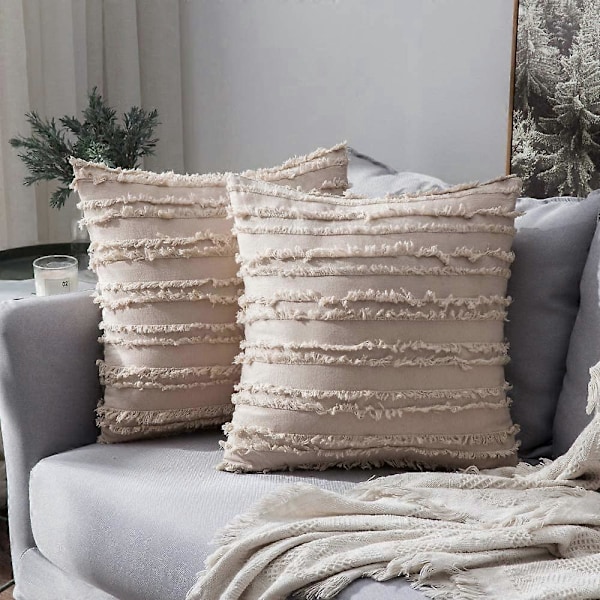 Koristesetti: 2 kpl Boho-tyynynpäällisiä, pellavaa, raidallinen jacquard-kuvio, sohvatyynynpäälliset olohuoneeseen, makuuhuoneeseen, 45 x 45 cm, beige
