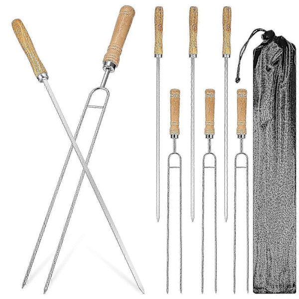 8 stk Grillspyd i rustfritt stål med trehåndtak BBQ Gaffel Kabob-pinner med snorpose for grilling