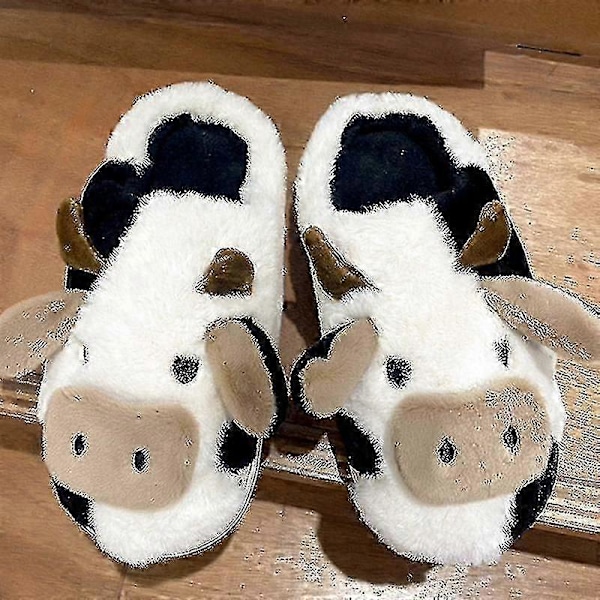Fuzzy Ku-Sko Tøfler Søte Varme Komfortable Bomullssko Dyreform Slip-on Tøfler For Kvinner Jente Vinter 38-39 (23.5cm) Ku Bomull Håndkle Halv Pose