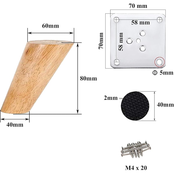 Skråtstillede sofabordben - 4 træmøbelben, 8 cm, valnødfinish - Nem installation Tilbehør inkluderet