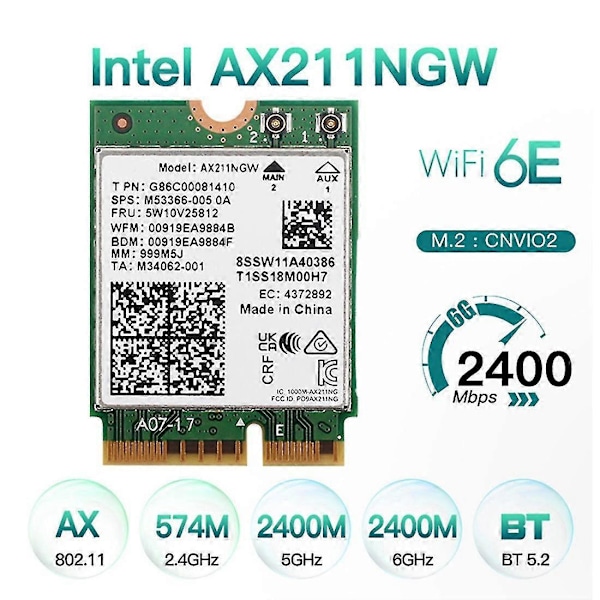 WiFi 6E AX211NGW Tri Band 2.4G/5G/6Ghz Trådløst Netværks Wifi Kort kompatibelt med Bluetooth 5.2 AX211 M.2 CNVio