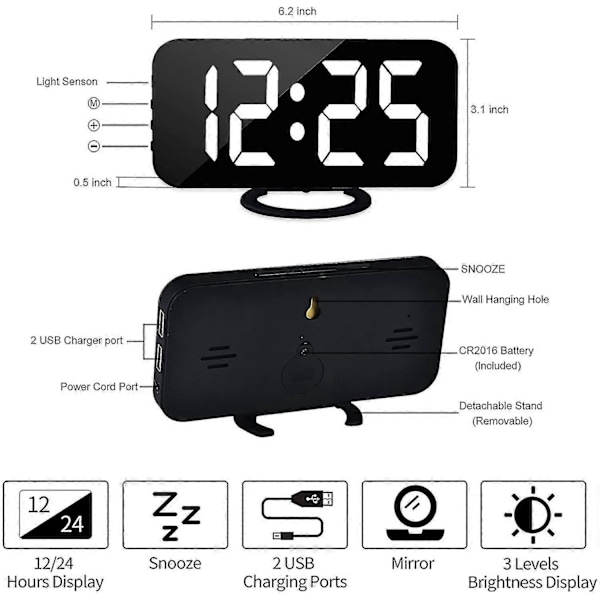 Digital Väckarklocka, 6\" Stor Spegelyta LED-Klockor Med Dubbla USB-Laddningsportar, Auto/Anpassad Ljusstyrka, Enkel Snooze-Funktion, Hem & Trädgård > Inredning