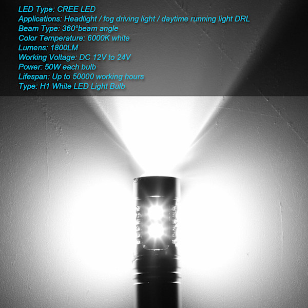 2 kpl - 12-30V H1 LED 100W sumuvalolamppu