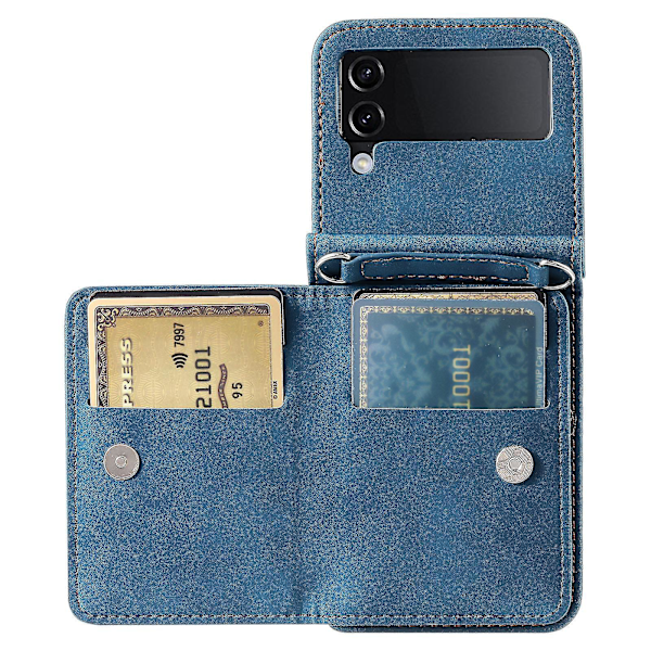 Til Samsung Galaxy Z Flip4 5g Etui Kortholder Pu Læder Støtteben Telefon Cover Med Håndrem-B6 Blå