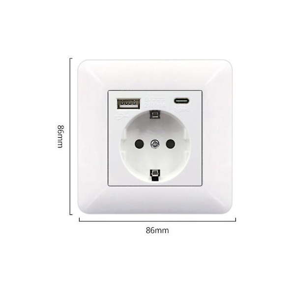 Type-C+ USB 16A -liitäntäpaneeli – 2 liitäntää, 1 USB portti, 1 Type-C-portti (harmaa)