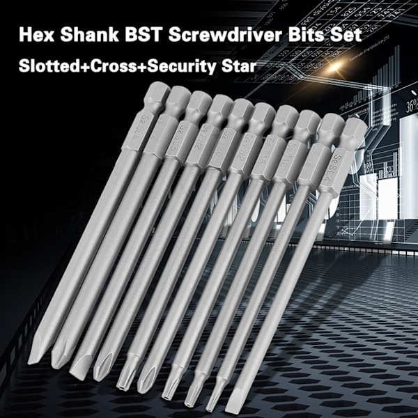 Magnetiske BST skruetrækker bits sæt - 10 stk 100 mm, 1/4" sekskantet skaft (slottet+Cross Security Star)