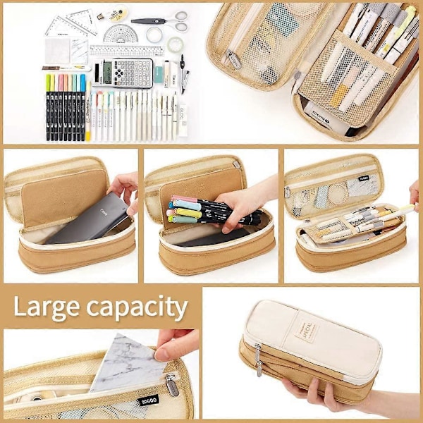 Pencil Pen Etui med Stor Kapacitet Kontor College Skole Stor Opbevaring Høj Kapacitet Taske Pose Holder Boks Organizer Khaki