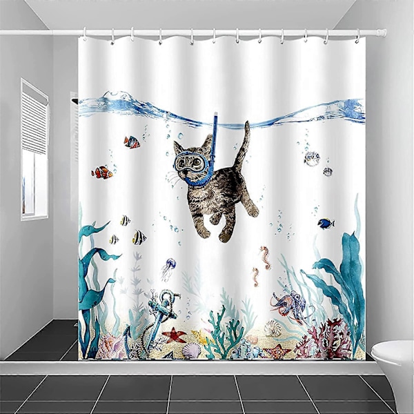 Sødt Kat Dykning Bruseforhæng 180x180cm Ocean Dyreprint Badeforhæng Vandtæt Vaskbart Polyester Badeværelsestilbehør med 12 Kroge, Blå