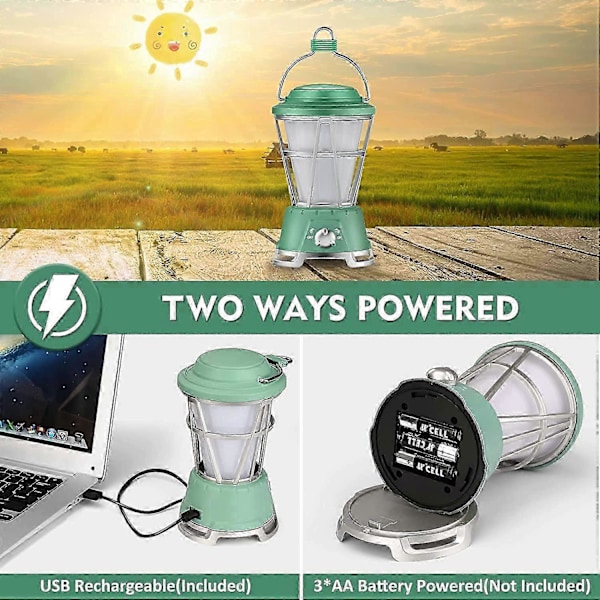 LED Camping Lanterne, Camping Lampe USB Genopladelig og Batteridrevet Camping Belysning, Camping Tilbehør (Grøn USB)_SZXM