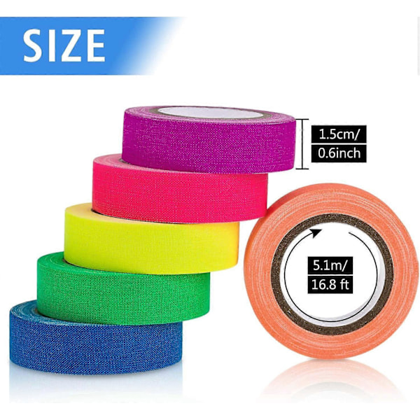 6 Färger Neon Gaffer Tygtejp, Fluorescerande UV Svartljus Självlysande Tejp för UV-Party (1,5 cm x 5 meter)