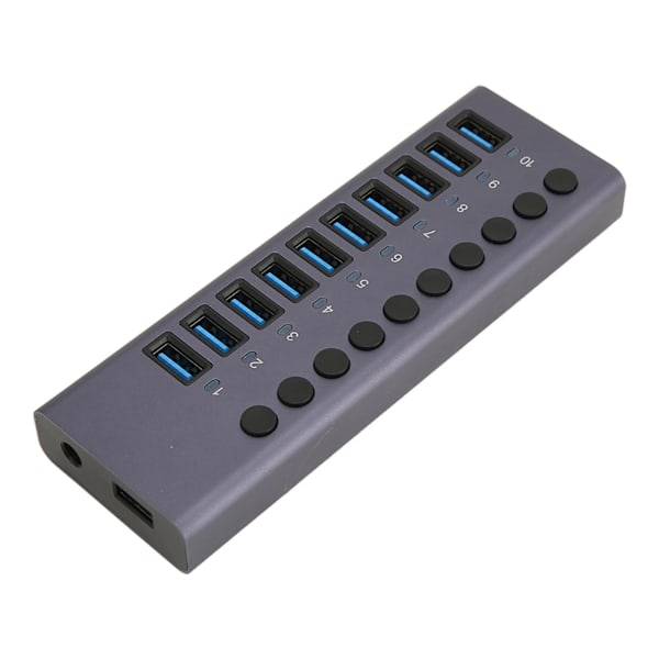 Strömdriven USB-hubb 10 portar individuell switch aluminiumlegering 5 Gbps överföring USB 3.0-hubb för PC bärbar dator HDD 100-240 V EU-kontakt