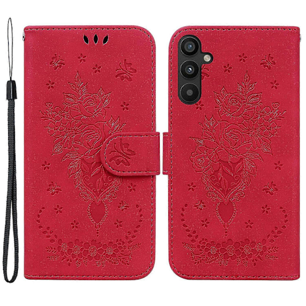 Samsung Galaxy A34 5g Plånboksfodral - Fallsäkert Präglat Rosfjäril PU Läder+TPU Innerskal med Magnetlås och Stöd Lila