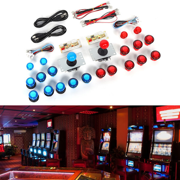 DIY Arcade Joystick Kit USB Chip Controller 5V med upplysta tryckknappar utan fördröjning (röd blå)