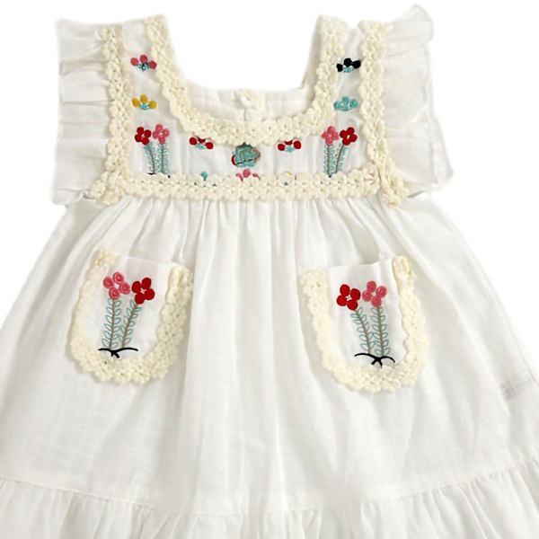 Babyflicka Klänningar Bomull Ärmlös Broderi Andningsbar Sommarklänning med Volangfåll för 1 Års Gamla Småbarn Vit 80cm / 31.5in