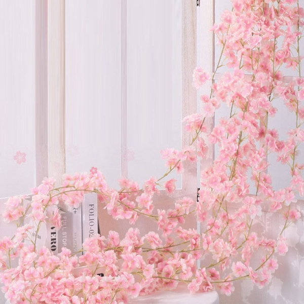 1,8 m 256 Simulerade Konstgjorda Sakura Blomgirlang Hängande Rankor för Vår Hemrum Bröllopsfest Dekor Ljusrosa