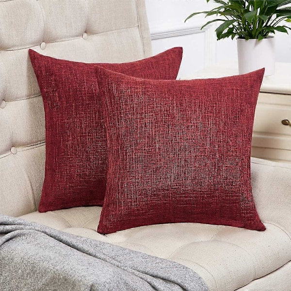 Sæt med 2 rødvins pudebetræk rustik linned dekorative firkantede pyntepudebetræk 40x40 cm til sofa dekoration
