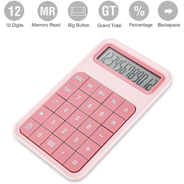 Bordregner, 12-cifret stort display batteri LCD-display kontorregner - Pink