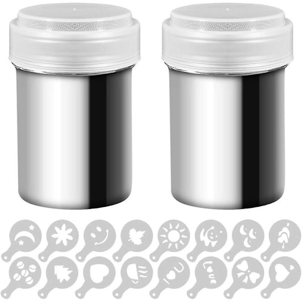 2 Pulver Shaker Dåser i Rustfrit Stål, Mesh Pulverglas til Kaffe, Kakao, Kanelpulver med Låg, med 16 Stykker Printform Skabeloner