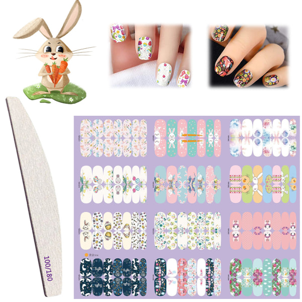 12 ark påske-negleklistermærker Sød kanin selvklæbende neglekunstklistermærker med neglefil DIY-neglekunst Negledesign Negledekoration