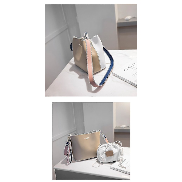 Khakifärgad Damväska Hinkväska PU Läder Axelväska Dam Messenger Väska Handväska (21cm*13cm*21cm)