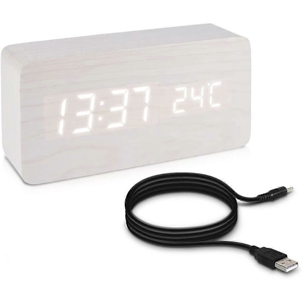 LED Väckarklocka i Trä - Digital Klocka med Träutseende - Touch Väckarklocka med Datum, Tid och Temperaturfunktion - Vit Rektangel och Vit LED