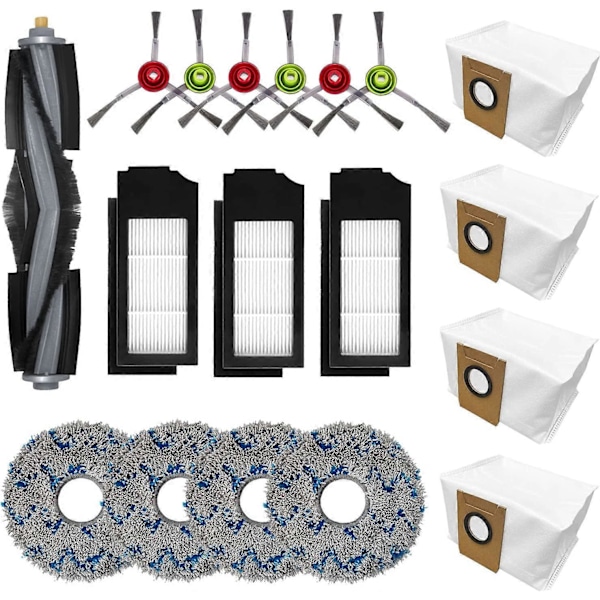 Erstatningstilbehørssett for Ecovacs Deebot X1 TURBO/OMNI robotstøvsuger deler, 1 hovedbørste, 6 sidebørster, 3 Hepa-filter, 4 moppekluter, 4 støvposer