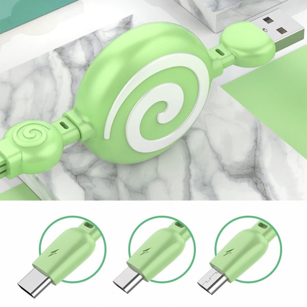 3-i-1 USB-laderkabel Lollipop-form strekkbar hurtigladende telefonkabel for IOS for Android for Huawei Mint Green