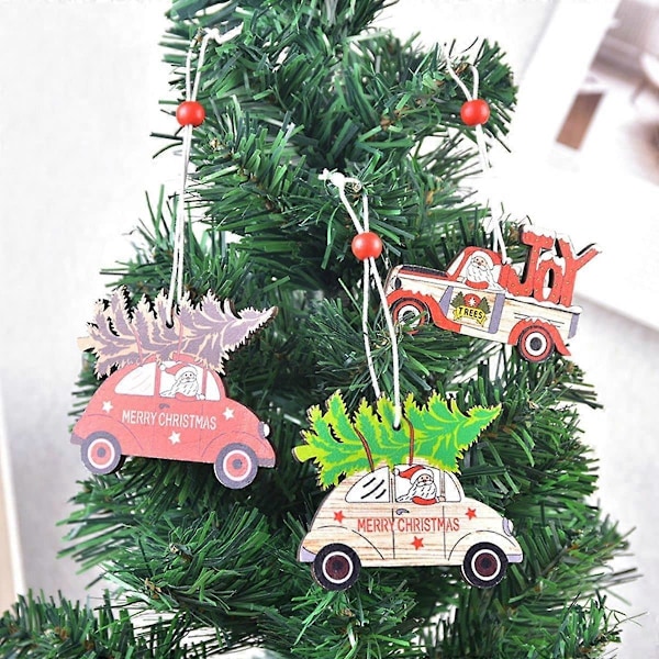 Nyttår Elg Trehus Bil Rustikk Håndlaget Tre Hengende Juletre Dekorasjon Festutstyr Hengende Anheng Ornamenter Sett med 3 (StyleCar A)