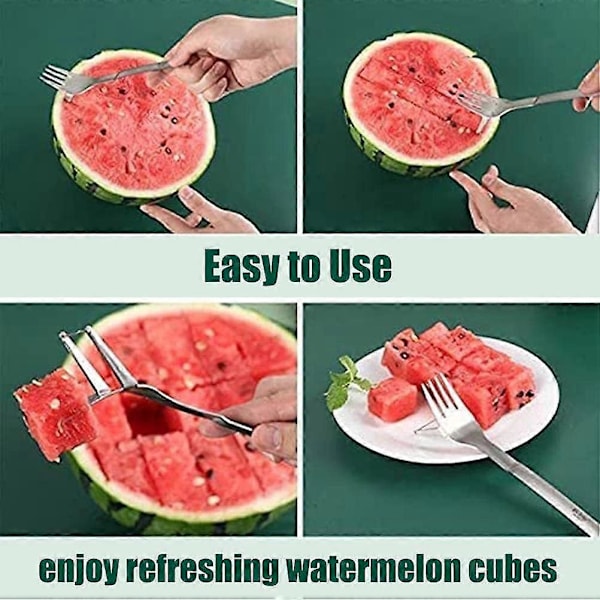 2 i 1 Vannmelonkutter og -deler - Fruktkuttgaffel i rustfritt stål Melon Cube Cutting Tool for kjøkkenutstyr