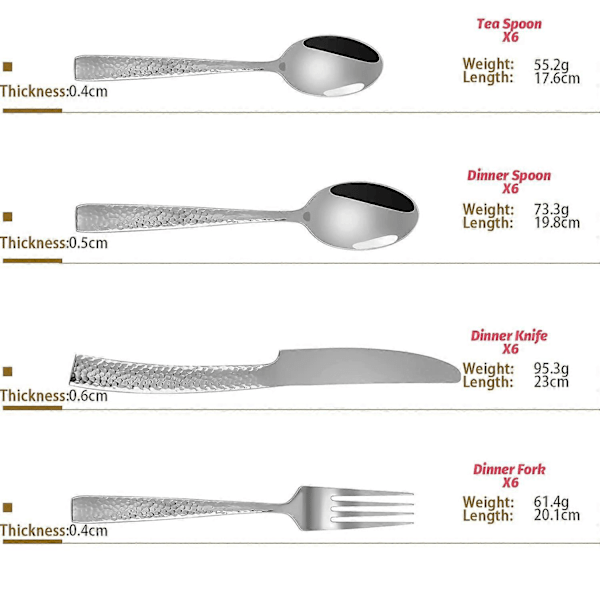 Bestickset 24 Delar Rostfritt Stål Hammarslagen Bestick Set Service för 6, Inkluderar Knivar Gafflar och