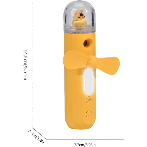 Kädessä pidettävä sumutinsuihkulla varustettu tuuletin, pieni kädessä pidettävä tuuletin, USB ladattava kädessä pidettävä tuuletin, 3 nopeutta, valaistu henkilökohtainen tuuletin, KELTAINEN