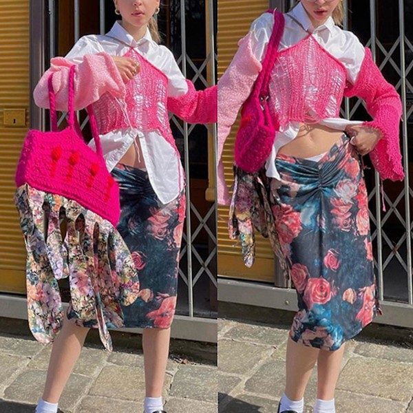 Halter Bandage Sweater Dame Patchwork Hullet Ud Strik Crop Top - Pink