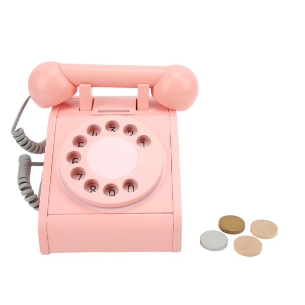 Simuleringstelefon för barn Rosa gammaldags vridbar urtavla telefon Retrodesign Träsimulering Retro urtavla Rosa