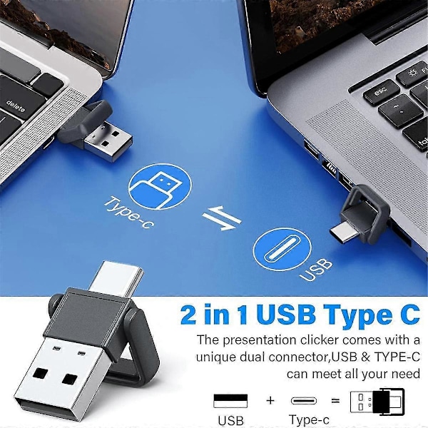 2-i-1 USB Type C Presentasjonspeker, Oppladbar Trådløs Presentasjonsfjernkontroll, Klikker kompatibel med PowerPoint-presentasjoner