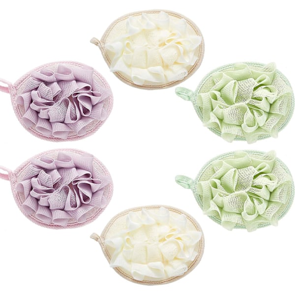 6 stycken badsvampar, duschpuffar, nätpuffar, duschbollar, exfolieringssvampar, duschskrubbbollar, duschhandskar med blommiga bollar