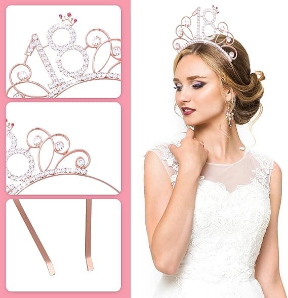 Bursdagssjal og rhinestone-tiara for jenter, bursdagssatinbånd rosegull krystallkrone