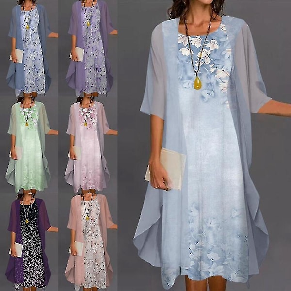 Bohemian Floral Printed Two Piece Dress Set for Women - XL Sky Blue