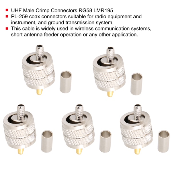 5 Styck UHF PL259 Hane Plug Crimp Coax Connector Adapter RF Connector