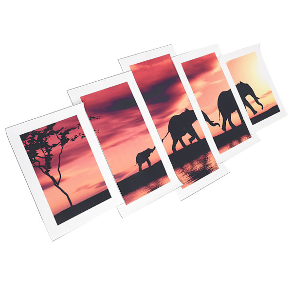 5 stk. rammeløse malerier Elefanter i solnedgang Vægkunst Dyreværk Landskabsbilleder (2 stk. 20x30 2 stk. 20x40 1 stk. 20x50 )