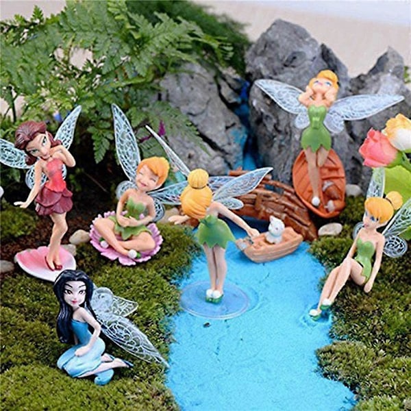 6 st Blomsterfé Pixie Fly Wing Familj Miniatyr Blomsterfé Flickor Dockhus Trädgård Ornament Tillbehör Figurin Staty för DIY Fé Trädgårdsinredning