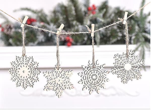 24 stykker snøfnuggpynt i tre, hule dekorasjoner til juletre, 10 cm