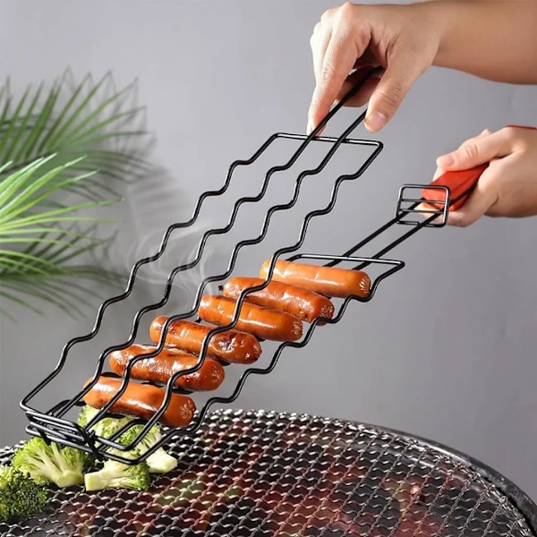 BBQ rostfria varmkorv grill korvställ korvgrill grillad klämma non-stick skinka korv grilltång